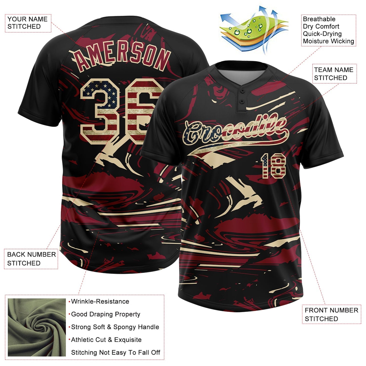 Custom Black Vintage USA Flag Crimson Cream-Cream Raglan Sleeves Abstract Fluid Marble Two-Button Unisex Softball Jersey view 3