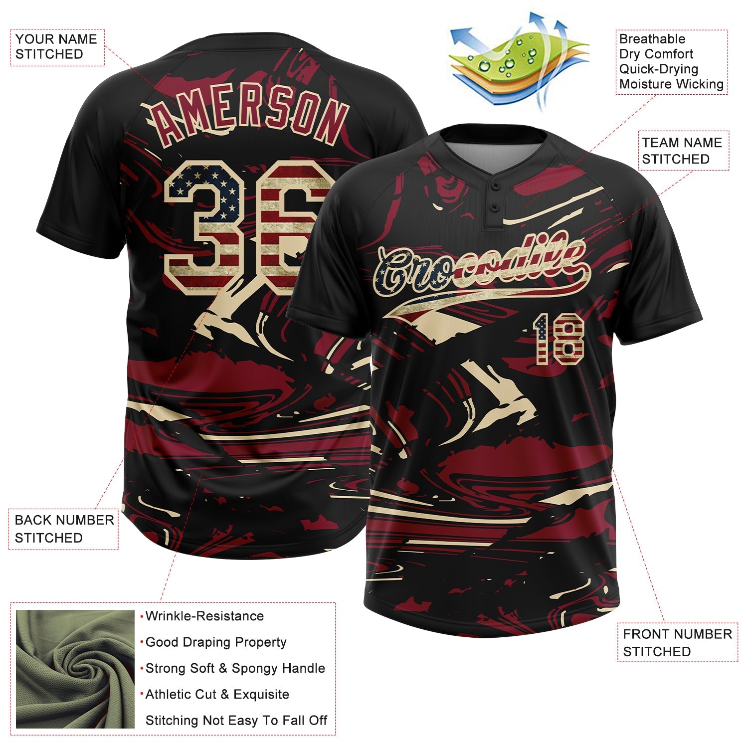 Custom Black Vintage USA Flag Crimson Cream-Cream Raglan Sleeves Abstract Fluid Marble Two-Button Unisex Softball Jersey view 3