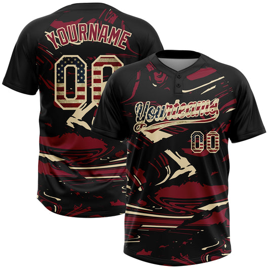 Custom Black Vintage USA Flag Crimson Cream-Cream Raglan Sleeves Abstract Fluid Marble Two-Button Unisex Softball Jersey - Main View