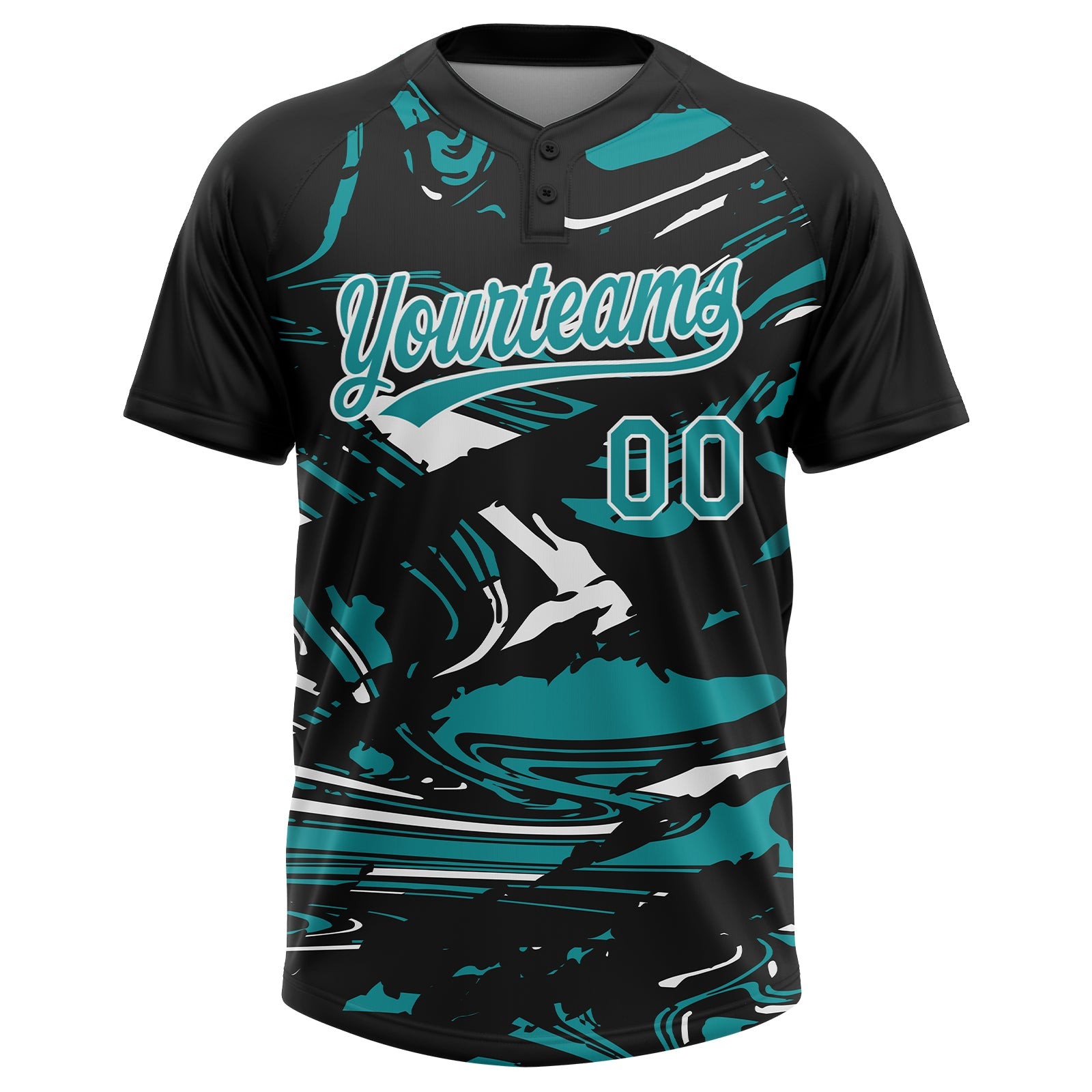 Custom Black Teal-White Raglan Sleeves Abstract Fluid Marble Two-Button Unisex Softball Jersey view 2