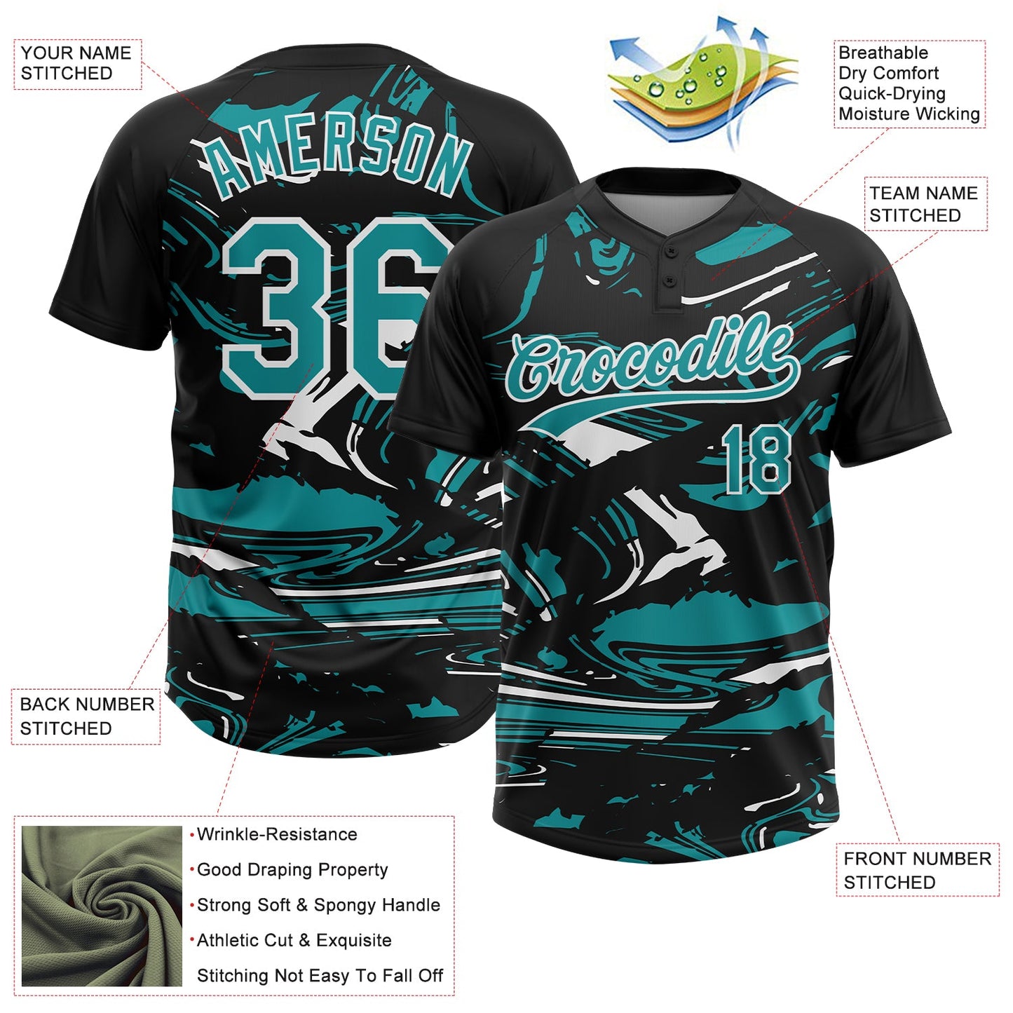 Custom Black Teal-White Raglan Sleeves Abstract Fluid Marble Two-Button Unisex Softball Jersey view 3
