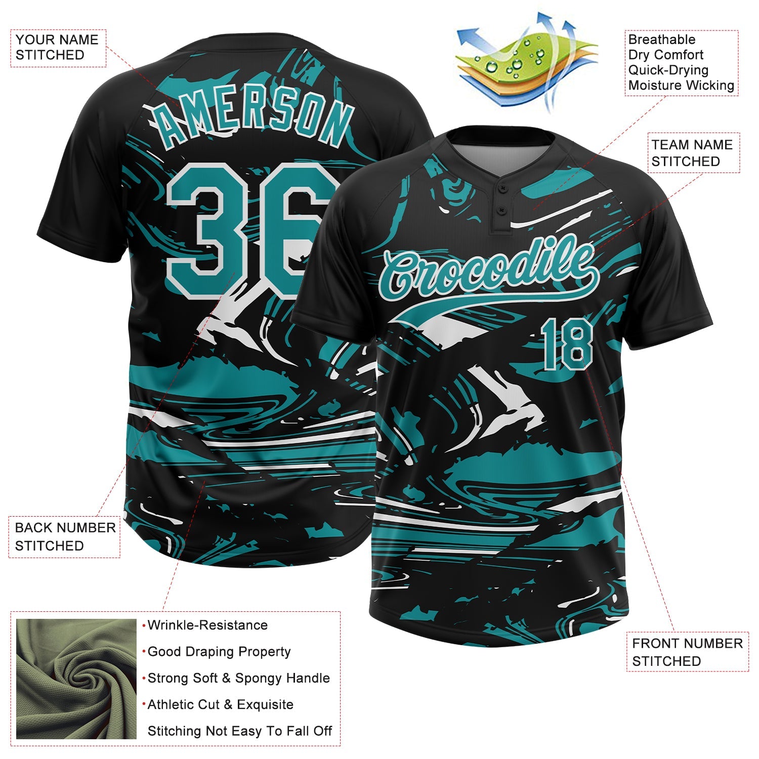 Custom Black Teal-White Raglan Sleeves Abstract Fluid Marble Two-Button Unisex Softball Jersey view 3