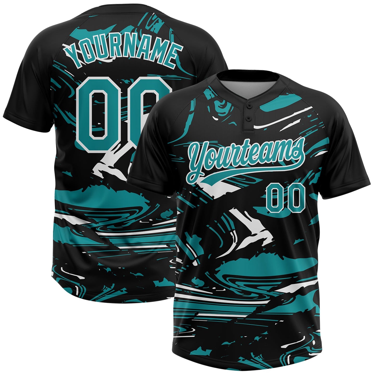 Custom Black Teal-White Raglan Sleeves Abstract Fluid Marble Two-Button Unisex Softball Jersey - Main View