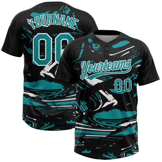 Custom Black Teal-White Raglan Sleeves Abstract Fluid Marble Two-Button Unisex Softball Jersey - Main View