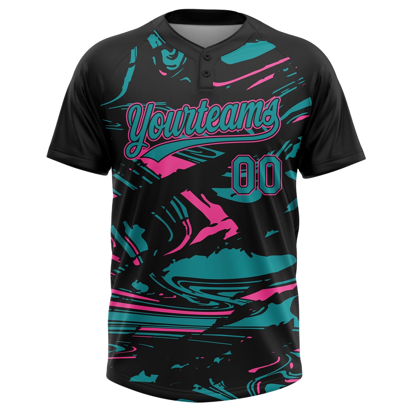 Custom Black Teal-Pink Raglan Sleeves Abstract Fluid Marble Two-Button Unisex Softball Jersey view 2