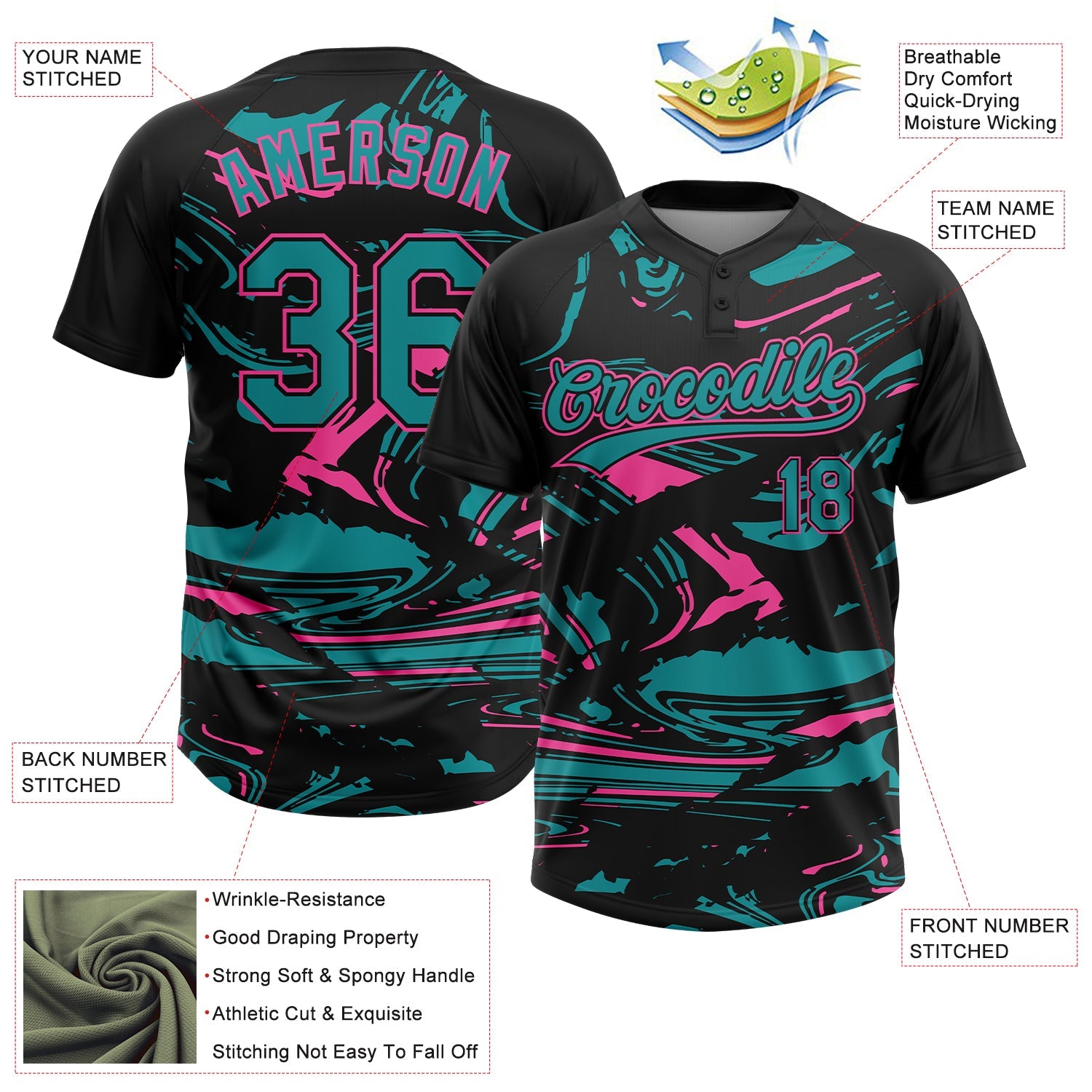 Custom Black Teal-Pink Raglan Sleeves Abstract Fluid Marble Two-Button Unisex Softball Jersey view 3