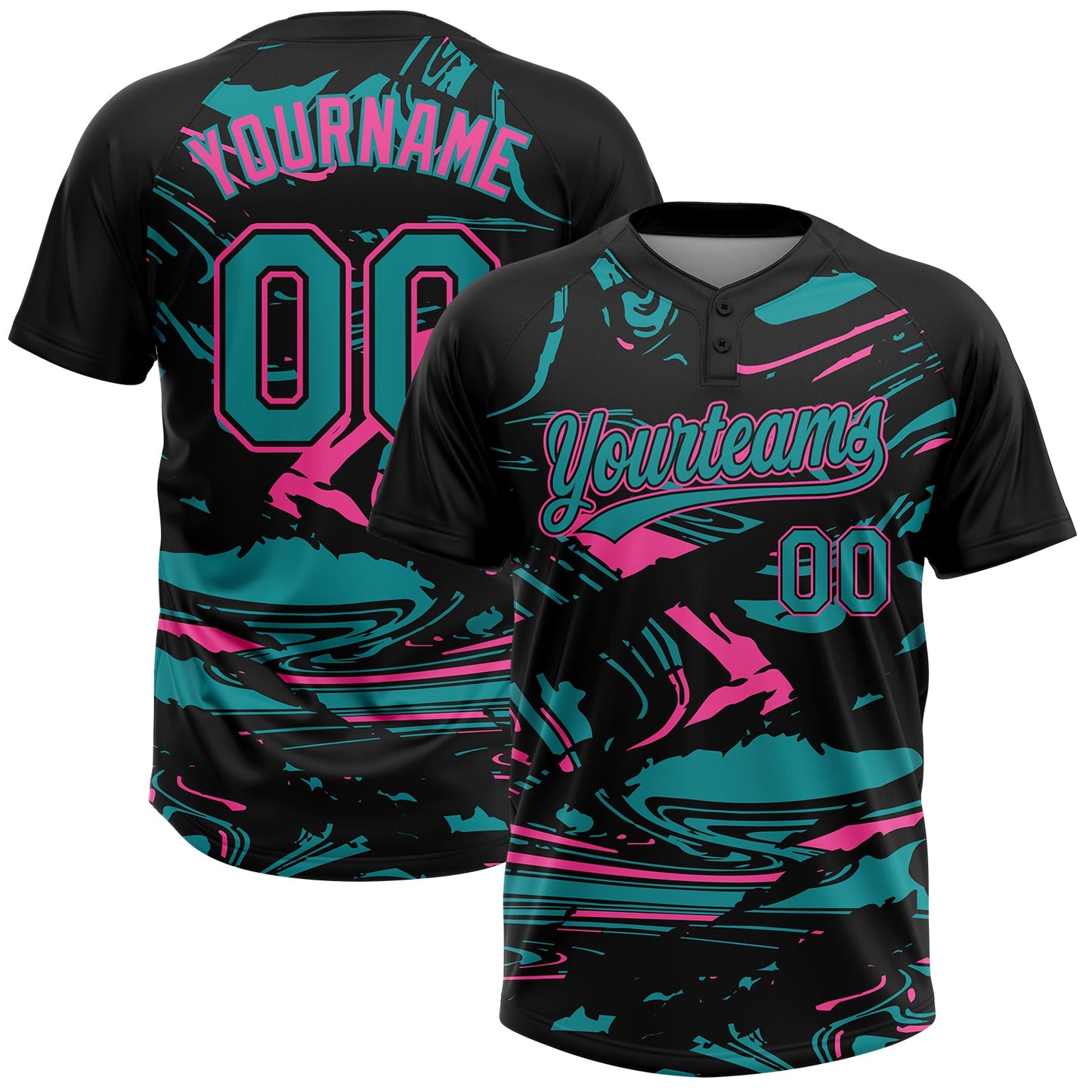 Custom Black Teal-Pink Raglan Sleeves Abstract Fluid Marble Two-Button Unisex Softball Jersey - Main View