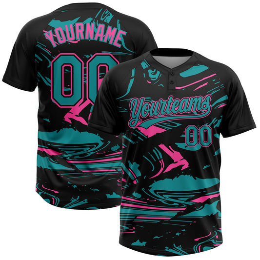 Custom Black Teal-Pink Raglan Sleeves Abstract Fluid Marble Two-Button Unisex Softball Jersey - Main View