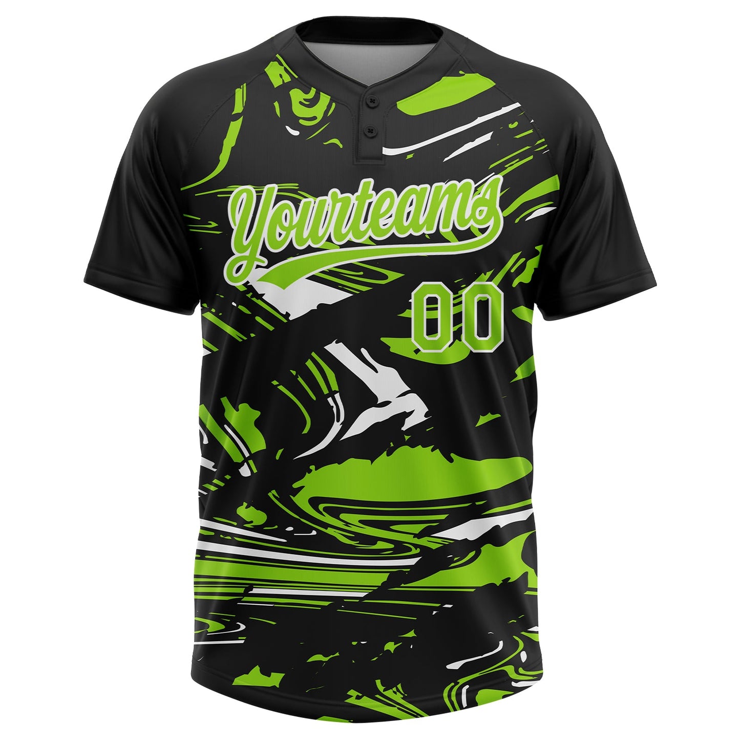 Custom Black Neon Green-White Raglan Sleeves Abstract Fluid Marble Two-Button Unisex Softball Jersey view 2