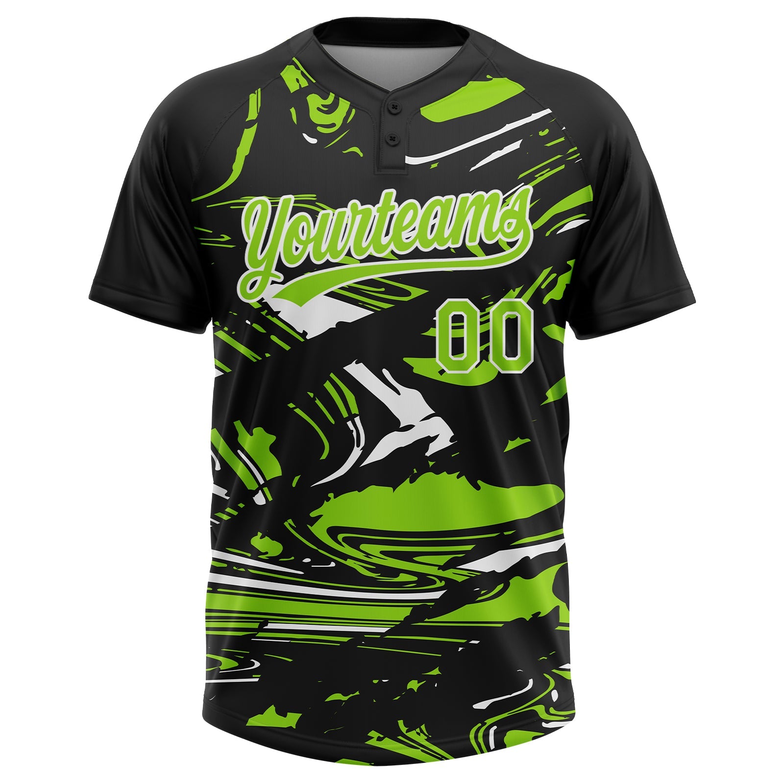 Custom Black Neon Green-White Raglan Sleeves Abstract Fluid Marble Two-Button Unisex Softball Jersey view 2
