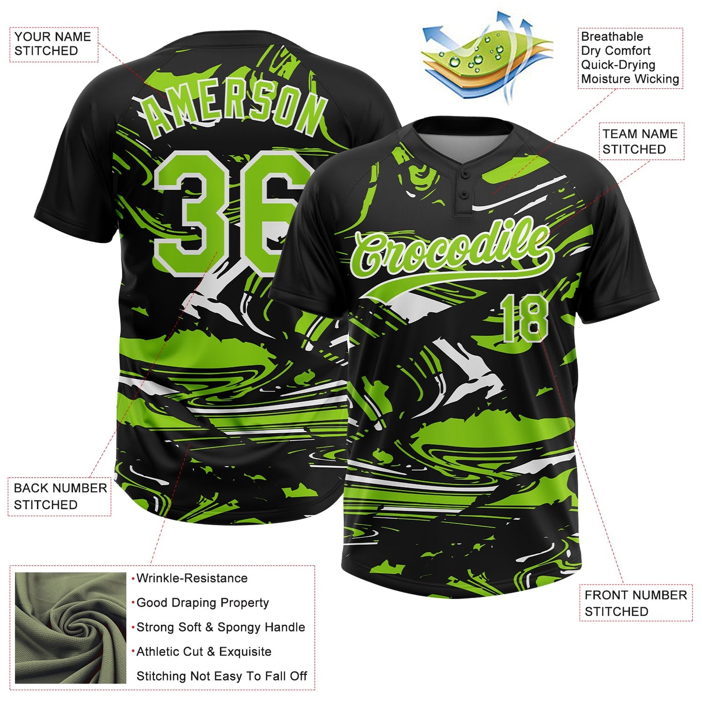 Custom Black Neon Green-White Raglan Sleeves Abstract Fluid Marble Two-Button Unisex Softball Jersey view 3