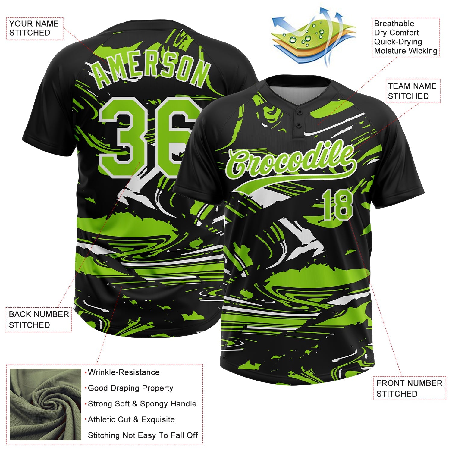 Custom Black Neon Green-White Raglan Sleeves Abstract Fluid Marble Two-Button Unisex Softball Jersey view 3