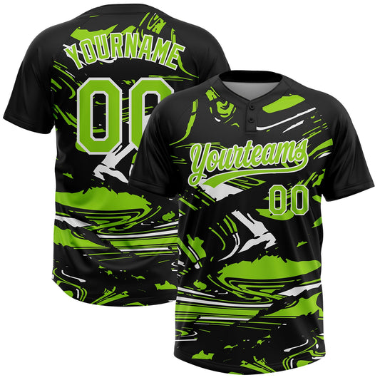 Custom Black Neon Green-White Raglan Sleeves Abstract Fluid Marble Two-Button Unisex Softball Jersey - Main View