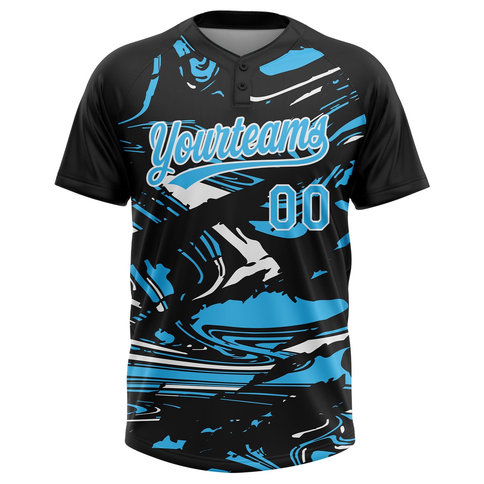 Custom Black Sky Blue-White Raglan Sleeves Abstract Fluid Marble Two-Button Unisex Softball Jersey view 2