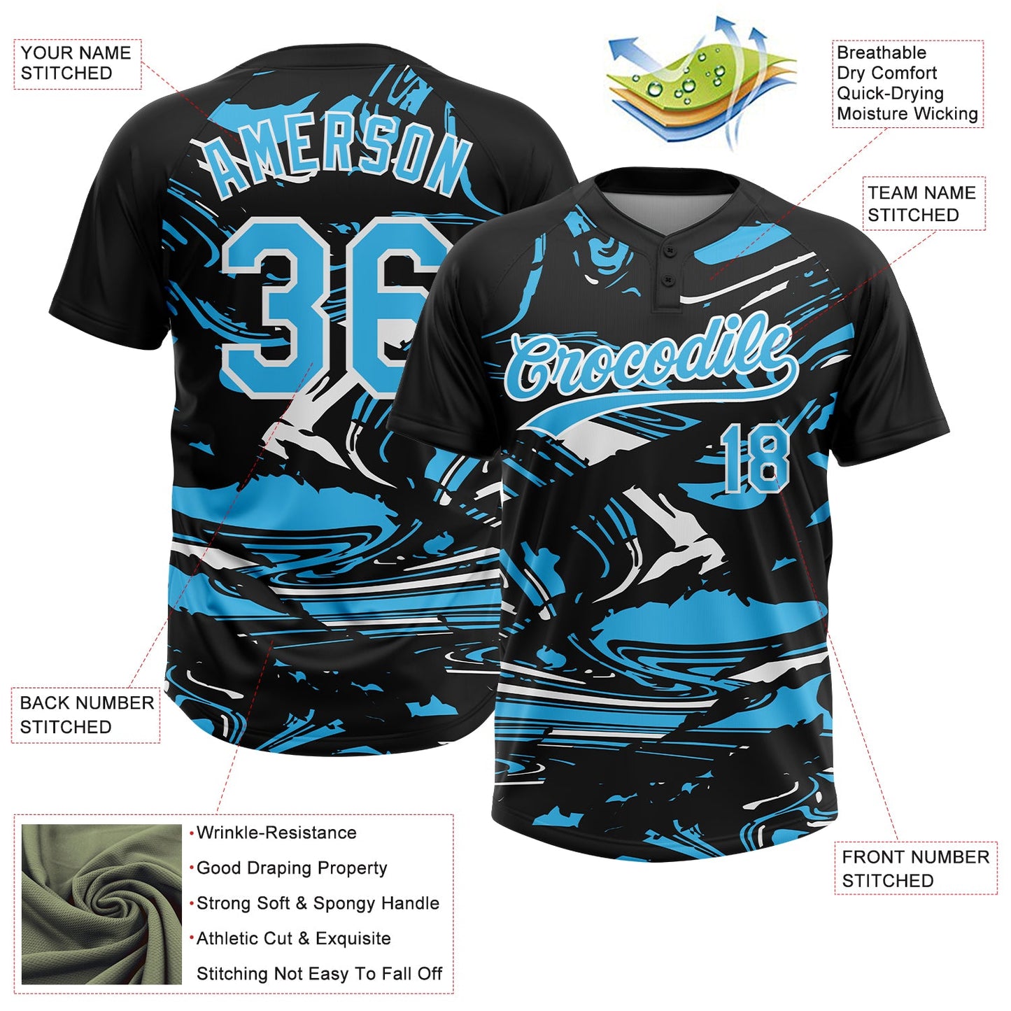Custom Black Sky Blue-White Raglan Sleeves Abstract Fluid Marble Two-Button Unisex Softball Jersey view 3