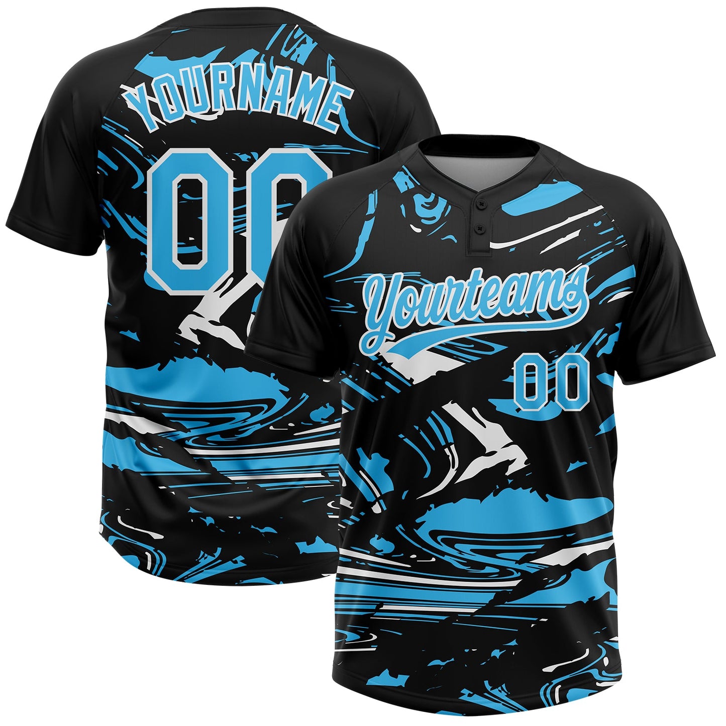 Custom Black Sky Blue-White Raglan Sleeves Abstract Fluid Marble Two-Button Unisex Softball Jersey - Main View