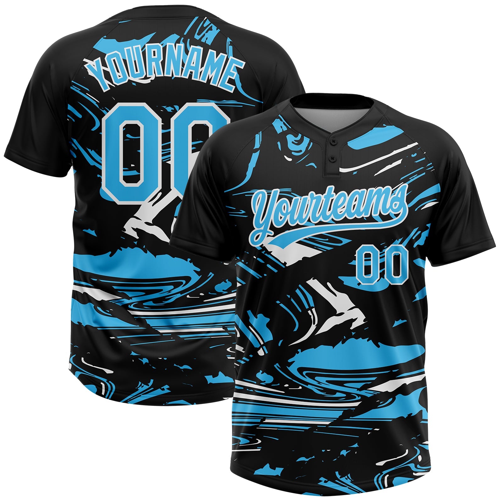 Custom Black Sky Blue-White Raglan Sleeves Abstract Fluid Marble Two-Button Unisex Softball Jersey - Main View