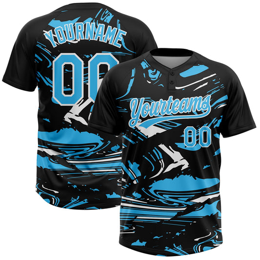 Custom Black Sky Blue-White Raglan Sleeves Abstract Fluid Marble Two-Button Unisex Softball Jersey - Main View