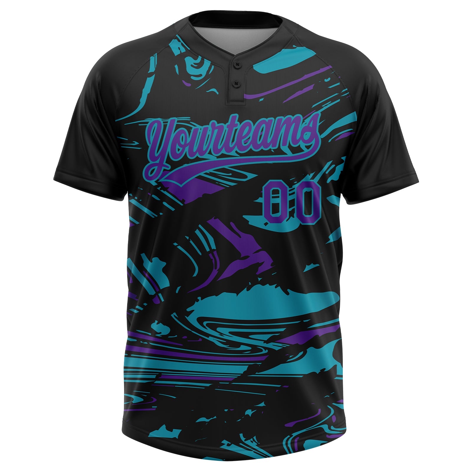 Custom Black Purple-Teal Raglan Sleeves Abstract Fluid Marble Two-Button Unisex Softball Jersey view 2