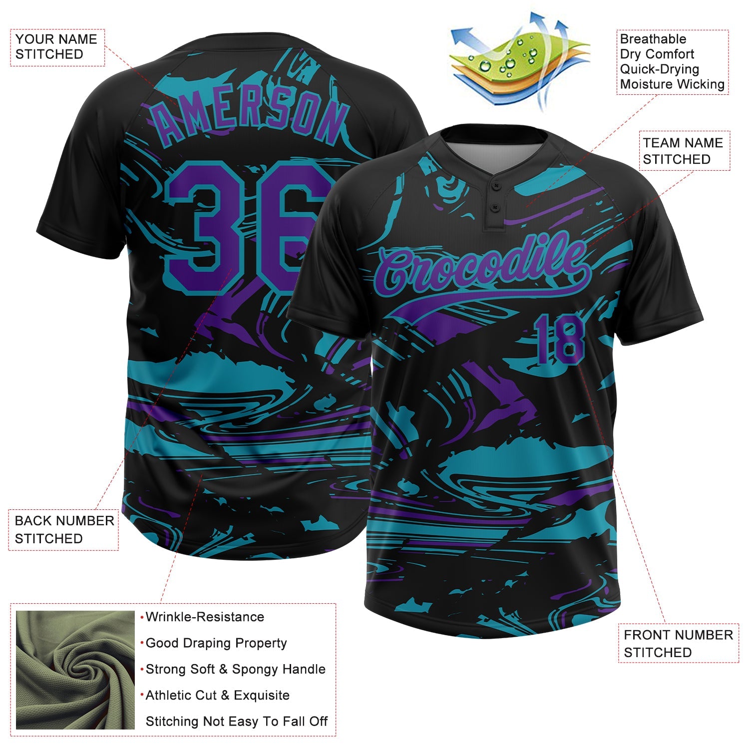 Custom Black Purple-Teal Raglan Sleeves Abstract Fluid Marble Two-Button Unisex Softball Jersey view 3