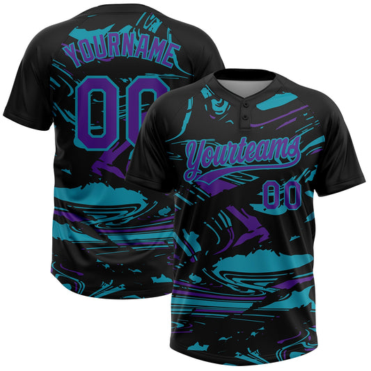 Custom Black Purple-Teal Raglan Sleeves Abstract Fluid Marble Two-Button Unisex Softball Jersey - Main View