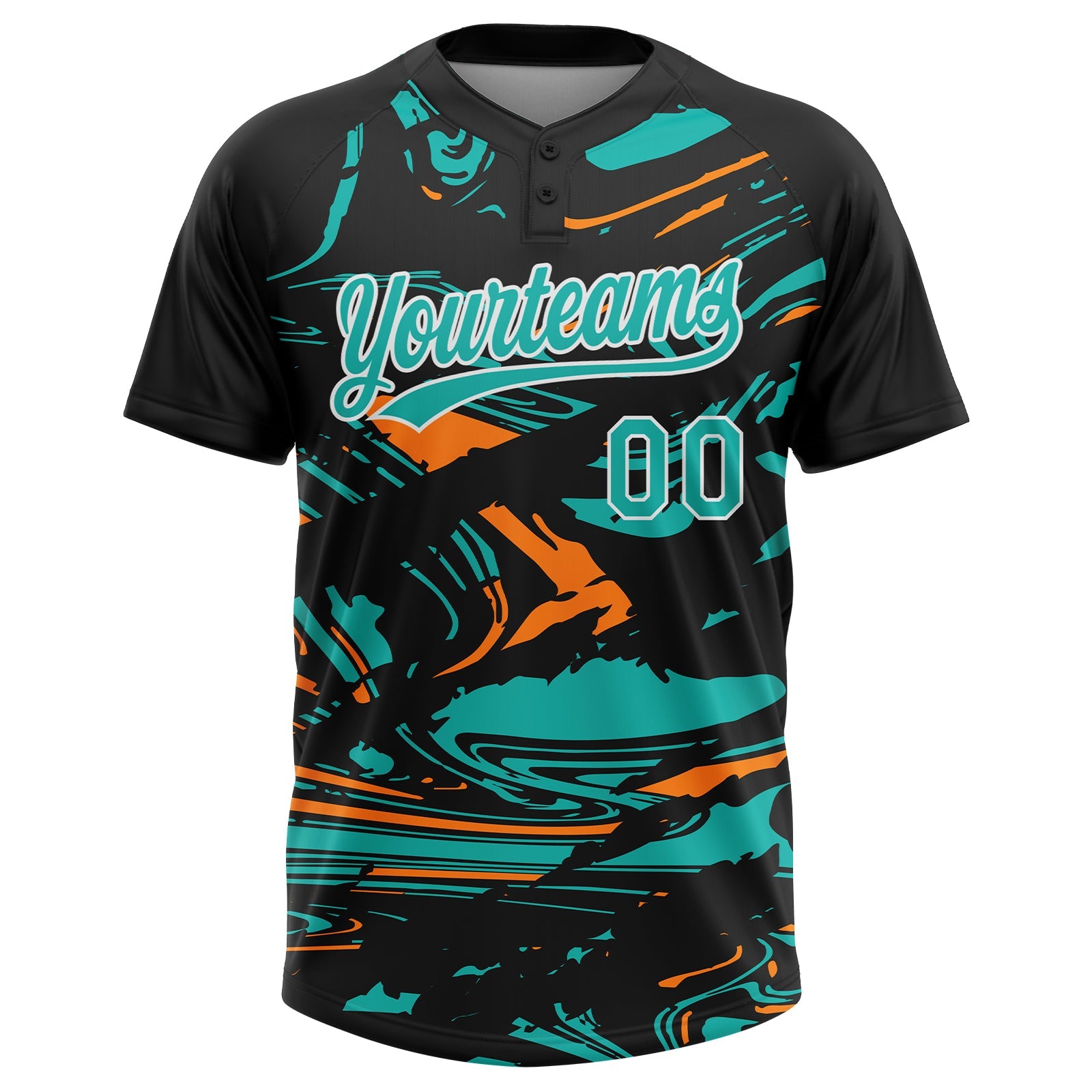 Custom Black Aqua Bay Orange-White Raglan Sleeves Abstract Fluid Marble Two-Button Unisex Softball Jersey view 2