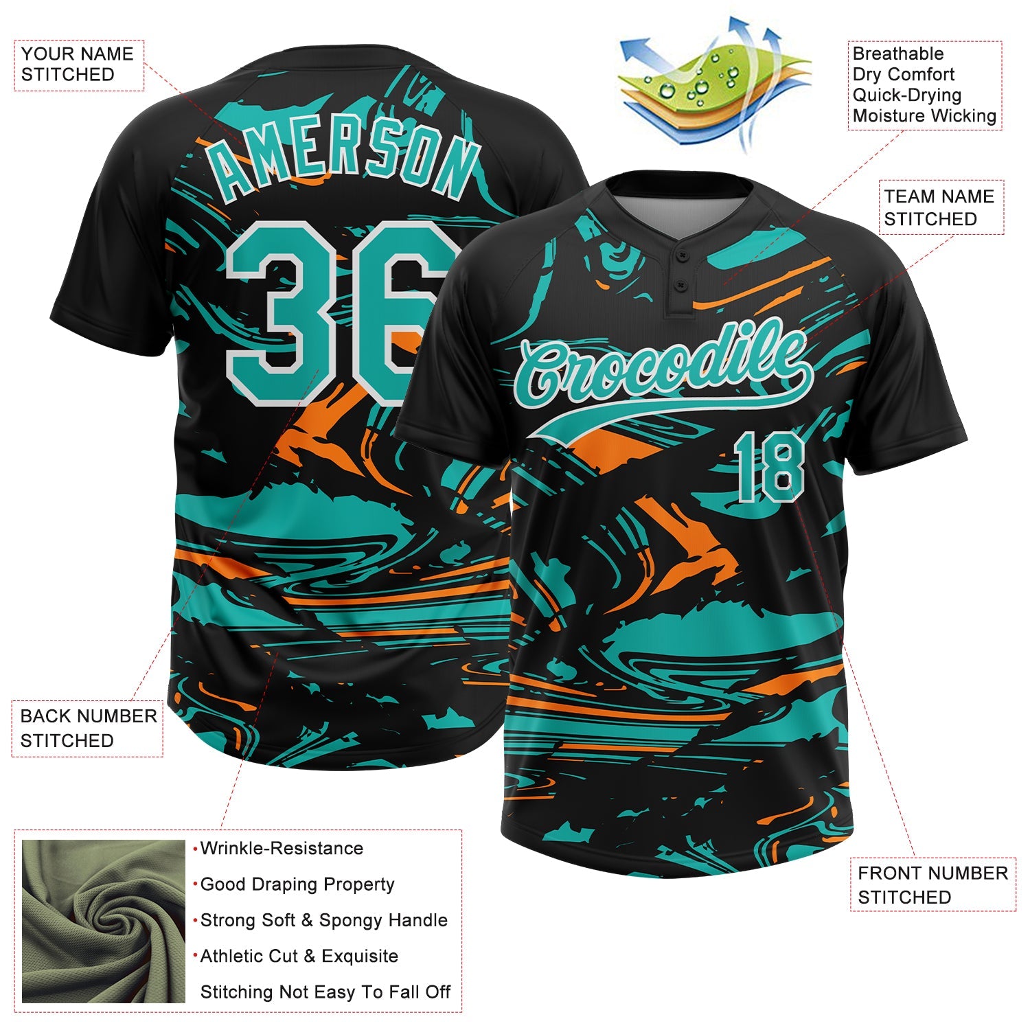 Custom Black Aqua Bay Orange-White Raglan Sleeves Abstract Fluid Marble Two-Button Unisex Softball Jersey view 3