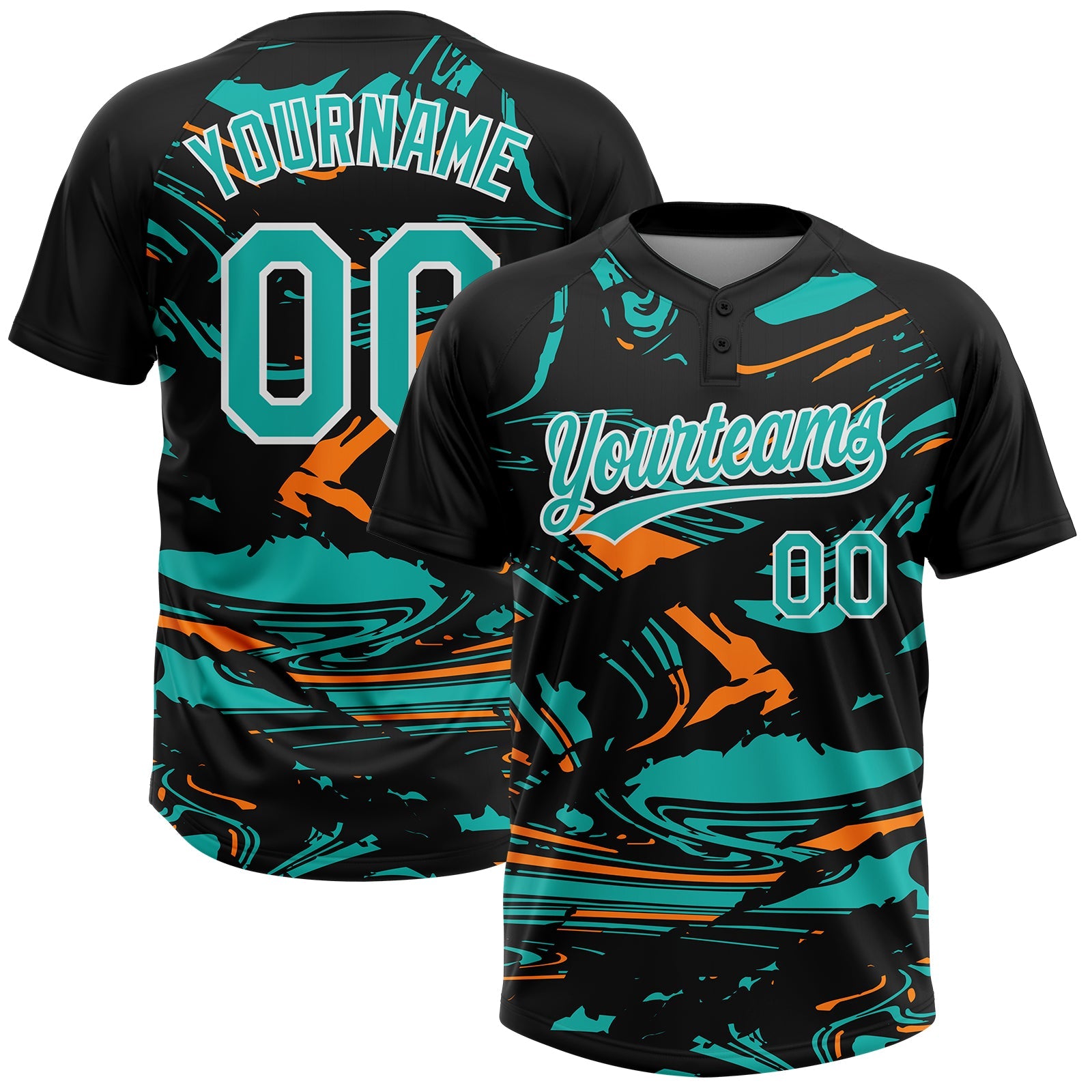 Custom Black Aqua Bay Orange-White Raglan Sleeves Abstract Fluid Marble Two-Button Unisex Softball Jersey - Main View