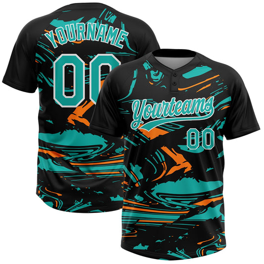 Custom Black Aqua Bay Orange-White Raglan Sleeves Abstract Fluid Marble Two-Button Unisex Softball Jersey - Main View