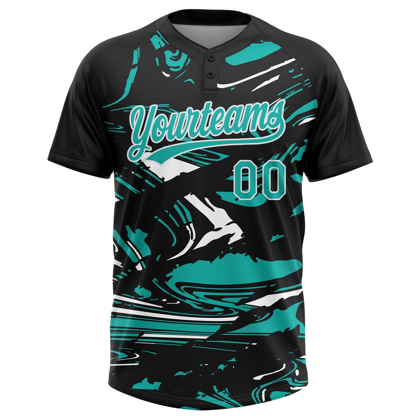 Custom Black Aqua-White Raglan Sleeves Abstract Fluid Marble Two-Button Unisex Softball Jersey view 2