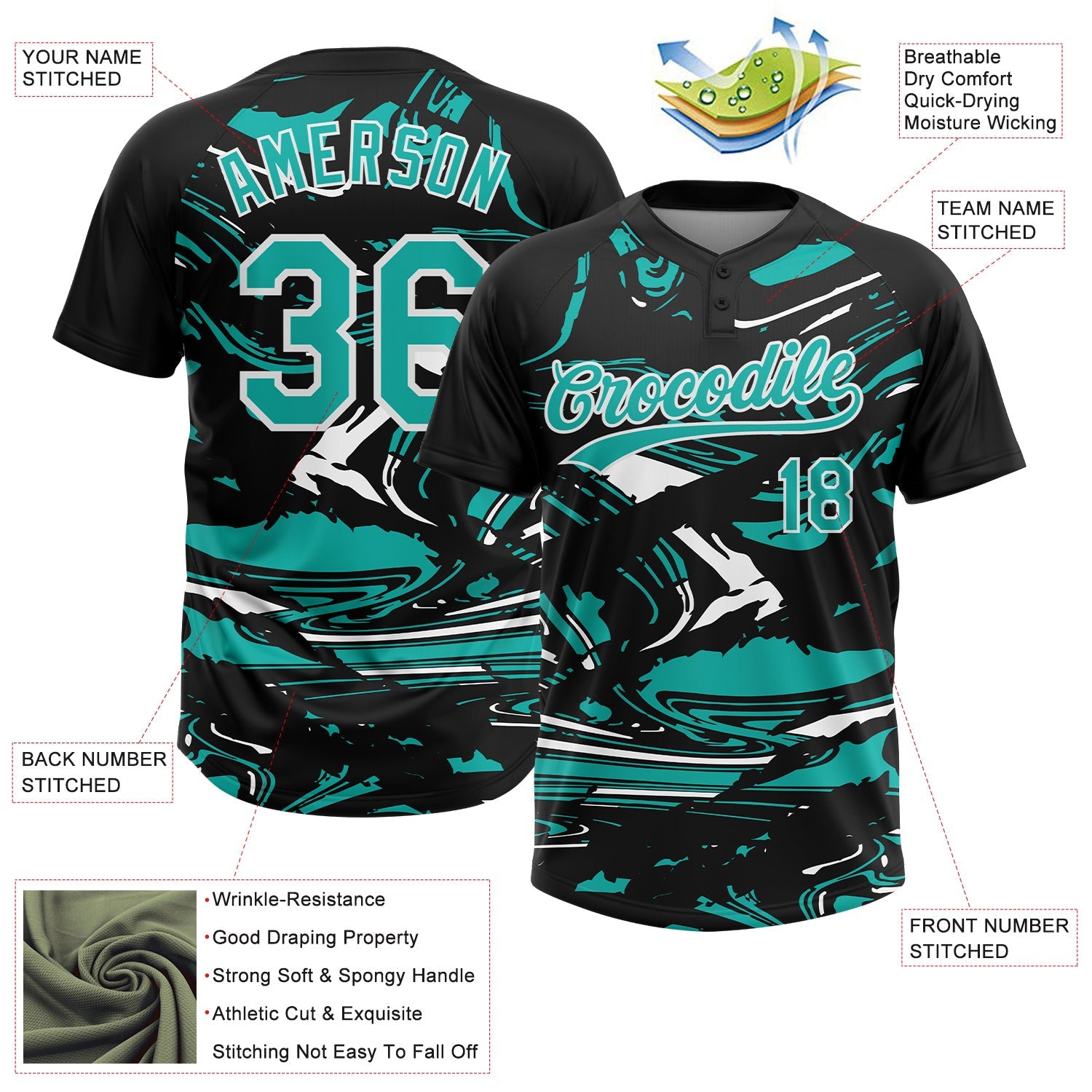 Custom Black Aqua-White Raglan Sleeves Abstract Fluid Marble Two-Button Unisex Softball Jersey view 3
