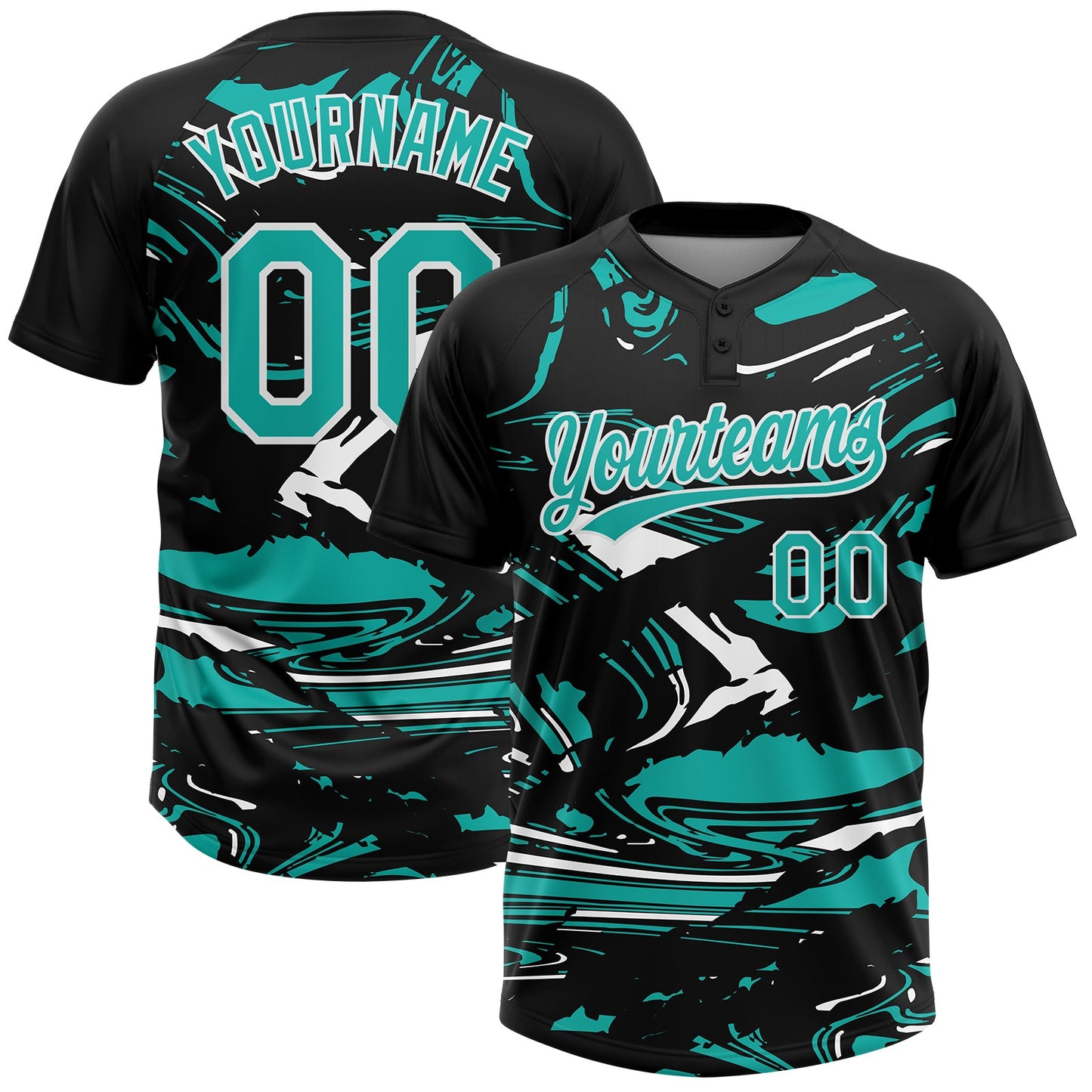Custom Black Aqua-White Raglan Sleeves Abstract Fluid Marble Two-Button Unisex Softball Jersey - Main View