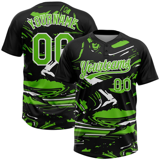 Custom Black Aurora Green-White Raglan Sleeves Abstract Fluid Marble Two-Button Unisex Softball Jersey - Main View