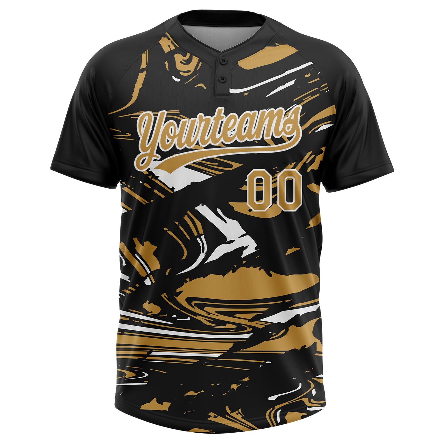 Custom Black Old Gold-White Raglan Sleeves Abstract Fluid Marble Two-Button Unisex Softball Jersey view 2