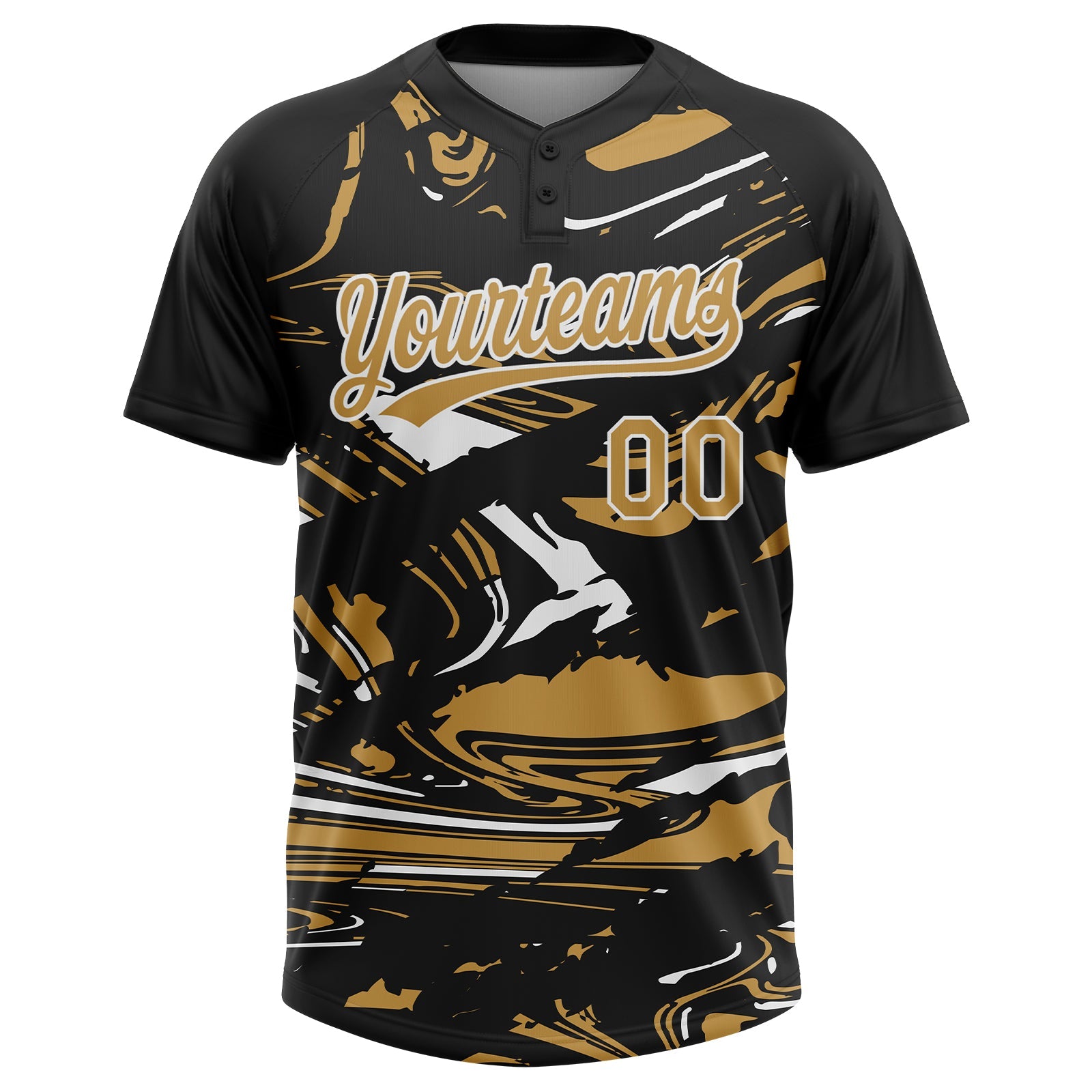Custom Black Old Gold-White Raglan Sleeves Abstract Fluid Marble Two-Button Unisex Softball Jersey view 2