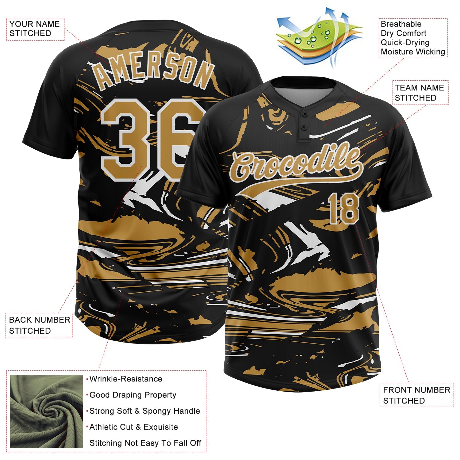 Custom Black Old Gold-White Raglan Sleeves Abstract Fluid Marble Two-Button Unisex Softball Jersey view 3