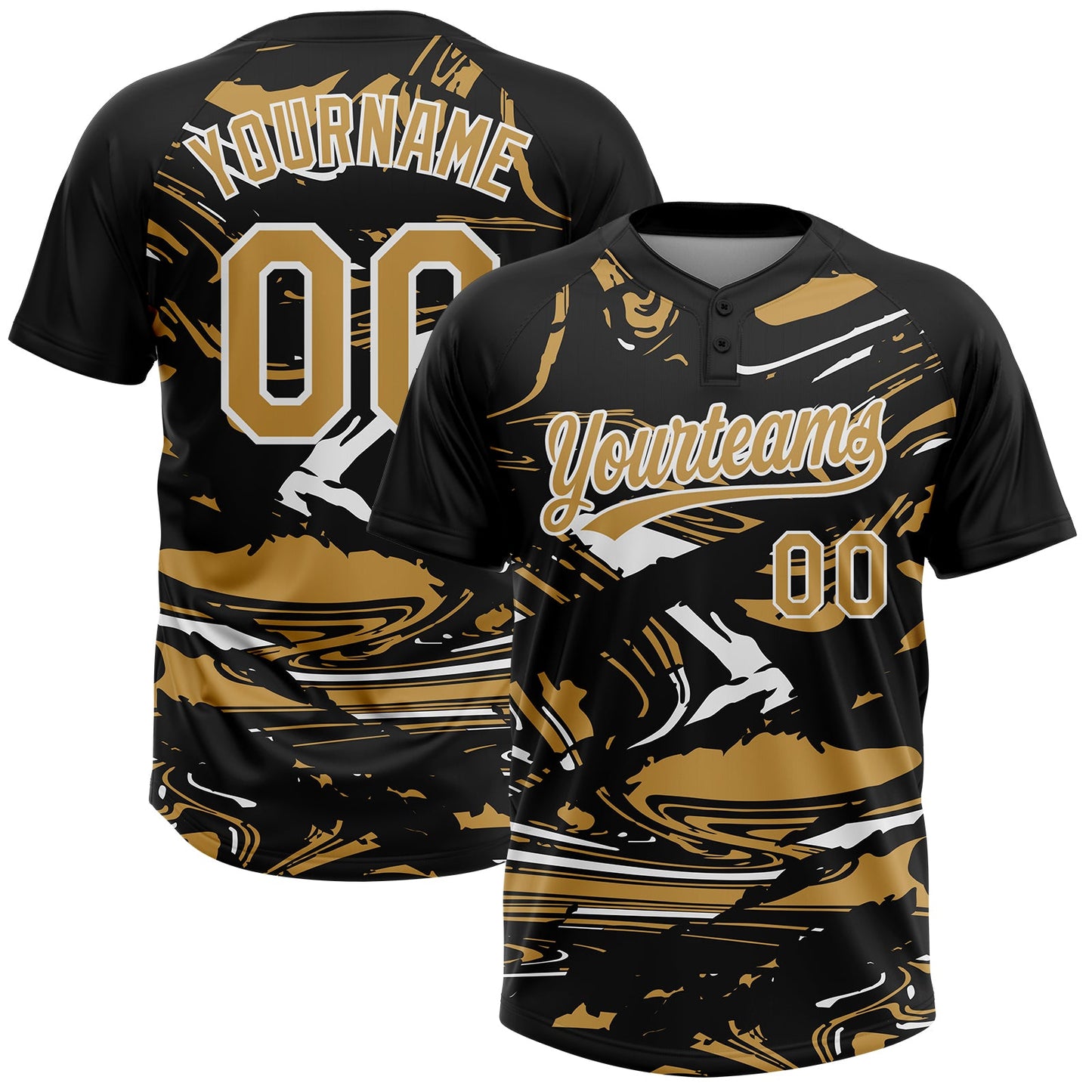 Custom Black Old Gold-White Raglan Sleeves Abstract Fluid Marble Two-Button Unisex Softball Jersey - Main View