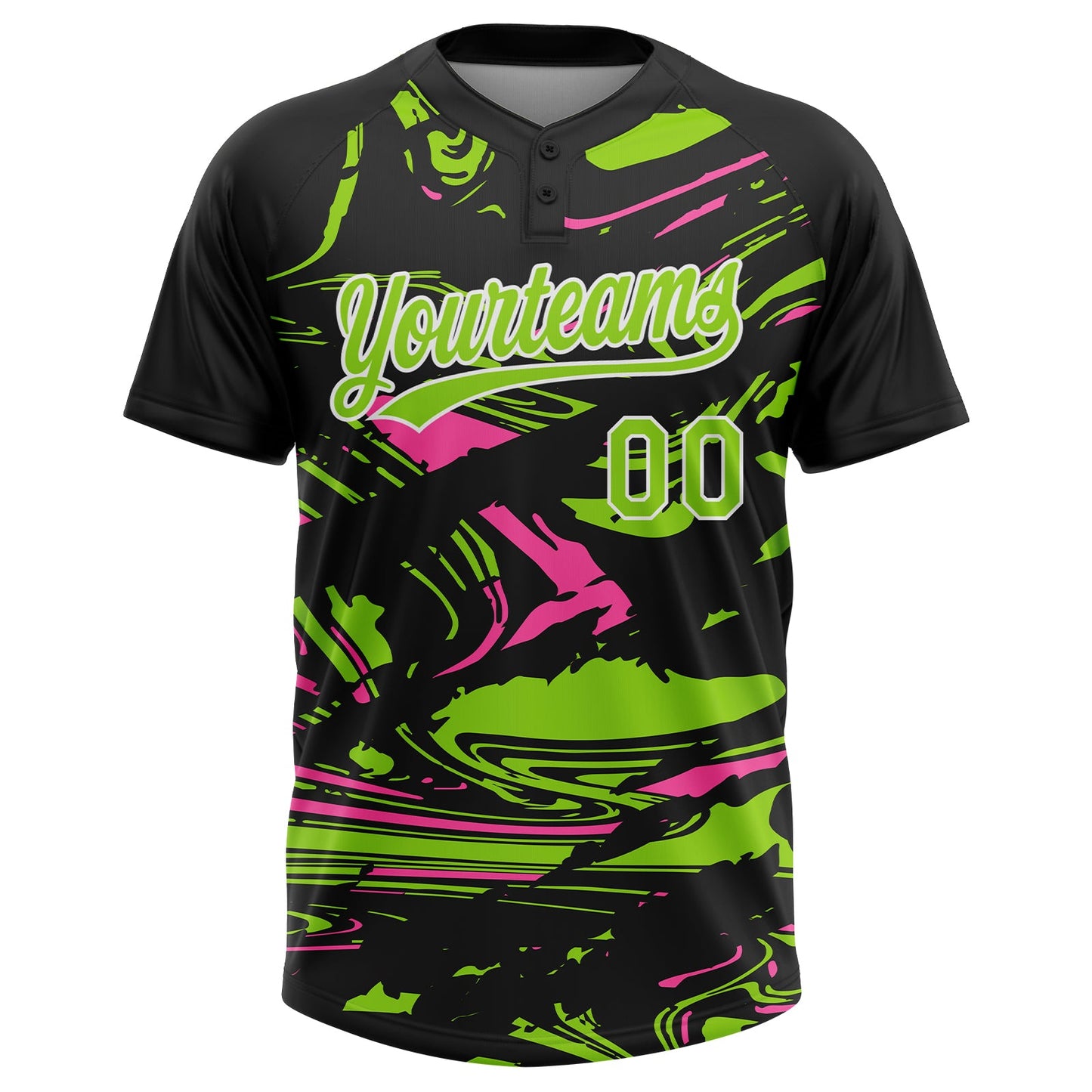 Custom Black Neon Green Pink-White Raglan Sleeves Abstract Fluid Marble Two-Button Unisex Softball Jersey view 2