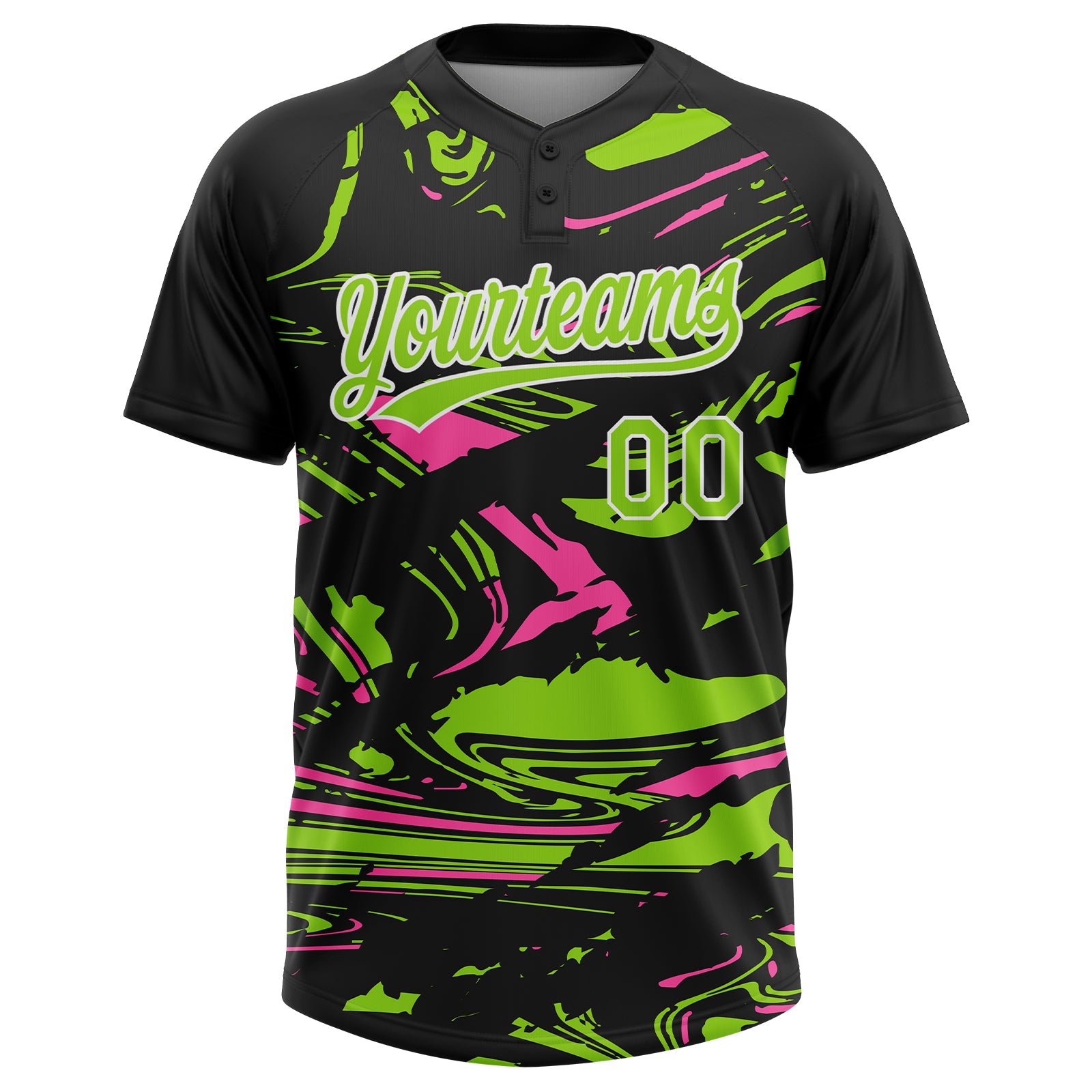 Custom Black Neon Green Pink-White Raglan Sleeves Abstract Fluid Marble Two-Button Unisex Softball Jersey view 2