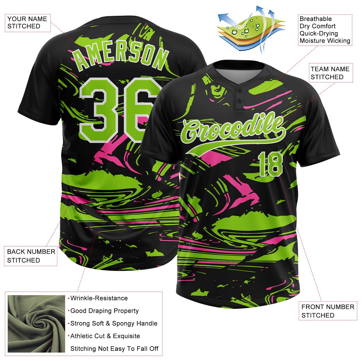 Custom Black Neon Green Pink-White Raglan Sleeves Abstract Fluid Marble Two-Button Unisex Softball Jersey view 3