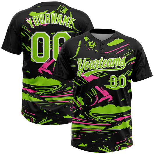 Custom Black Neon Green Pink-White Raglan Sleeves Abstract Fluid Marble Two-Button Unisex Softball Jersey - Main View