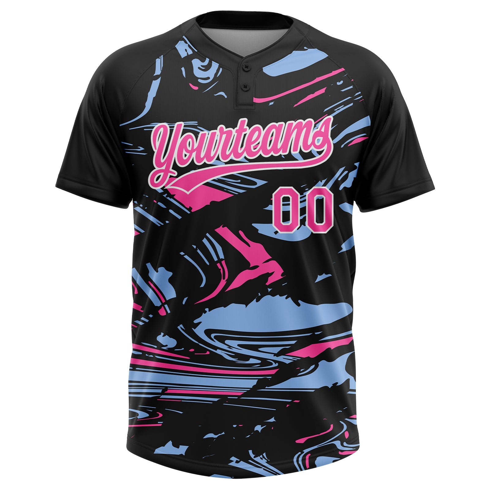 Custom Black Pink Light Blue-White Raglan Sleeves Abstract Fluid Marble Two-Button Unisex Softball Jersey view 2
