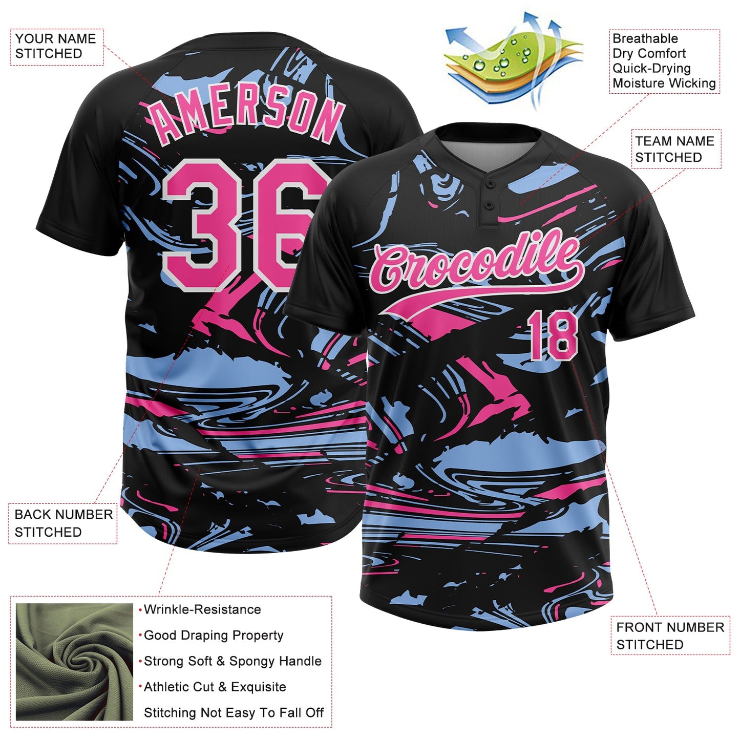 Custom Black Pink Light Blue-White Raglan Sleeves Abstract Fluid Marble Two-Button Unisex Softball Jersey view 3