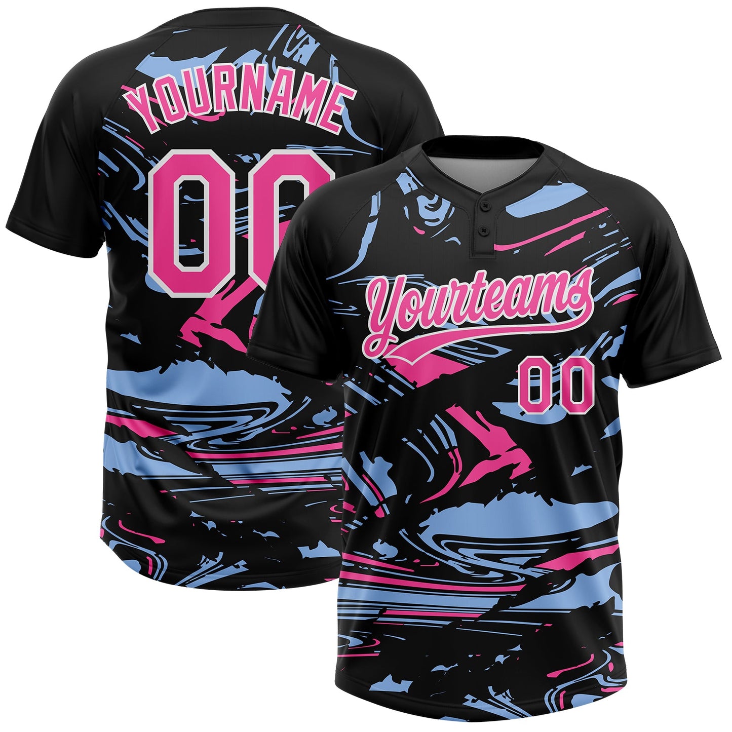 Custom Black Pink Light Blue-White Raglan Sleeves Abstract Fluid Marble Two-Button Unisex Softball Jersey - Main View