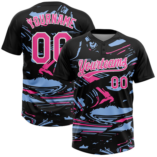 Custom Black Pink Light Blue-White Raglan Sleeves Abstract Fluid Marble Two-Button Unisex Softball Jersey - Main View
