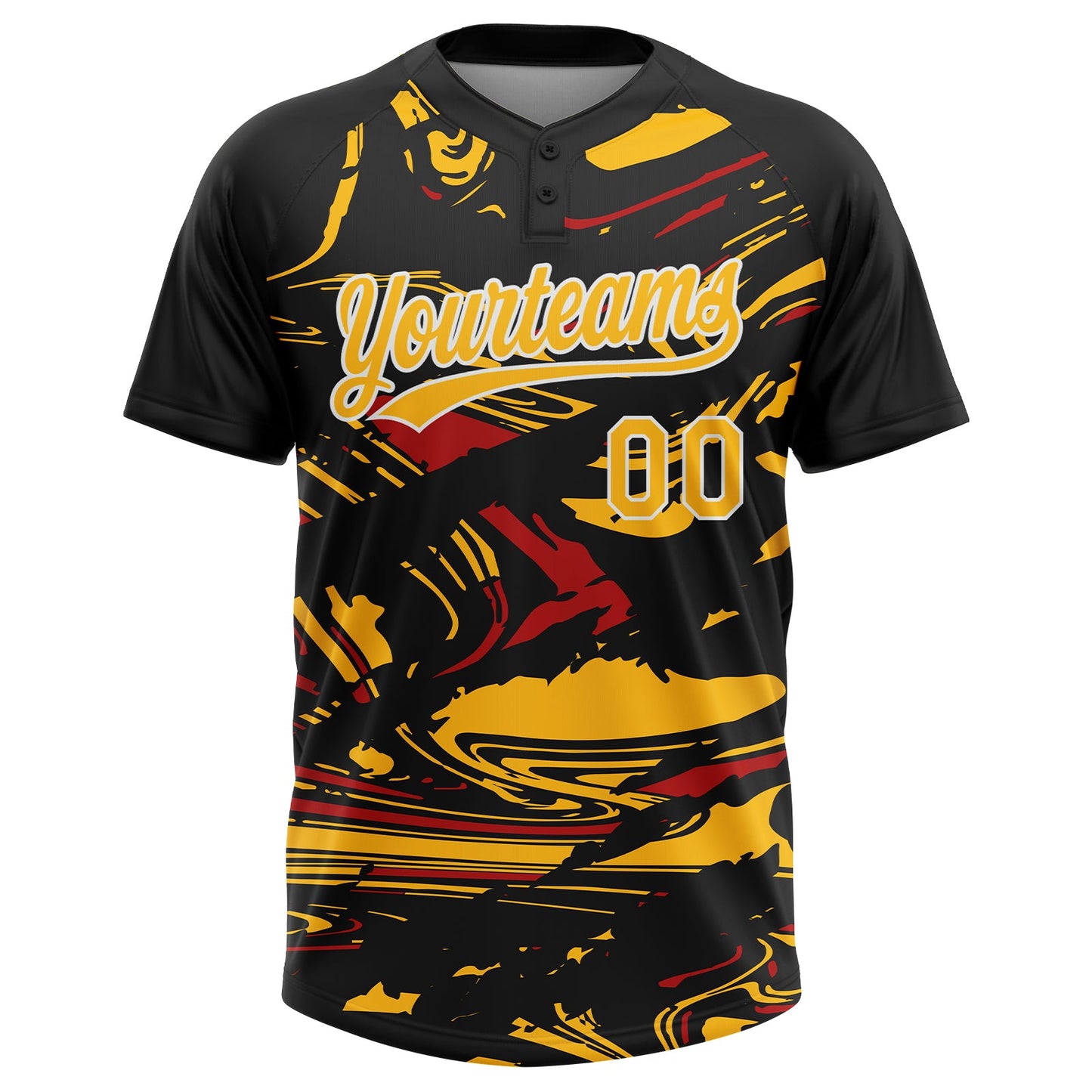 Custom Black Gold Red-White Raglan Sleeves Abstract Fluid Marble Two-Button Unisex Softball Jersey view 2