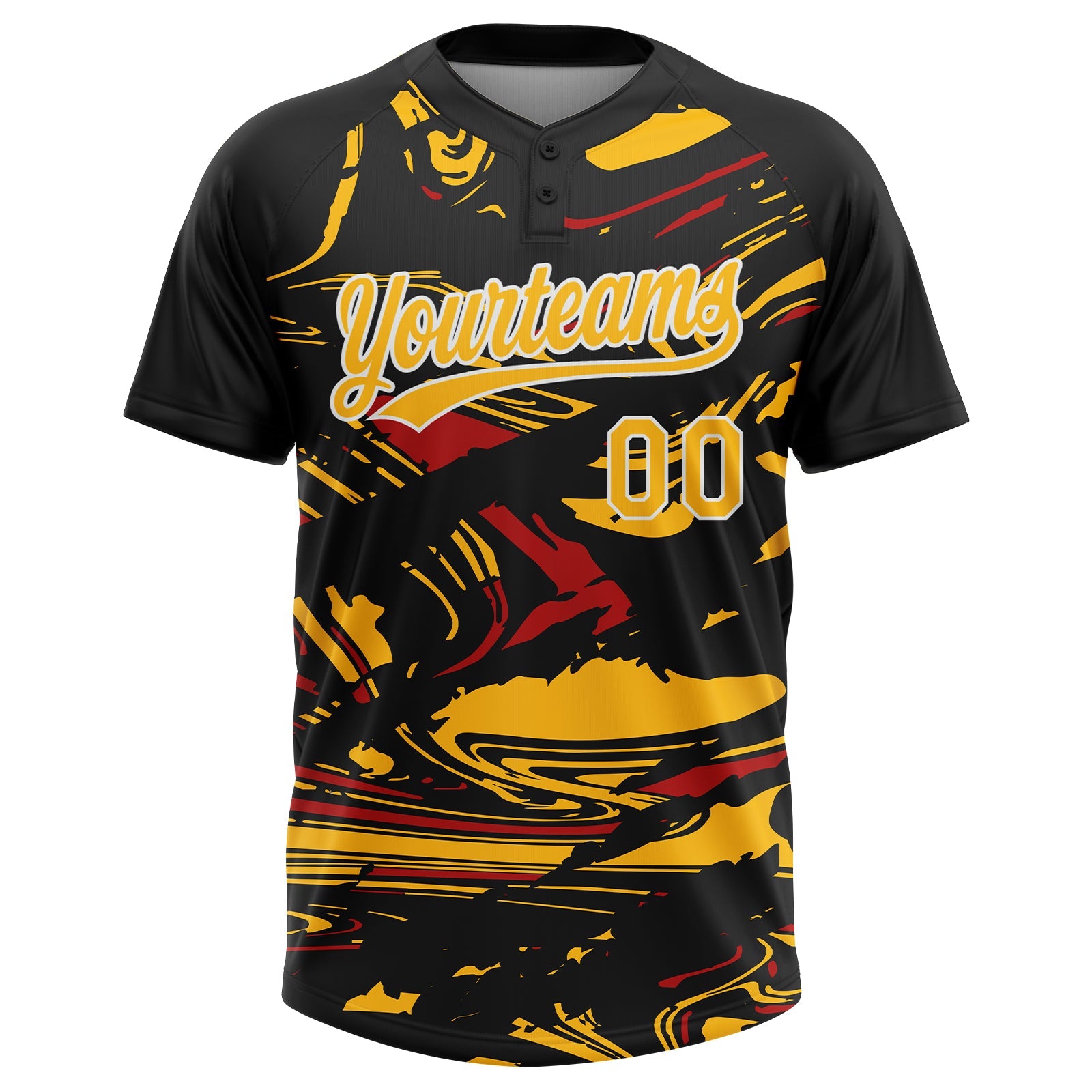 Custom Black Gold Red-White Raglan Sleeves Abstract Fluid Marble Two-Button Unisex Softball Jersey view 2