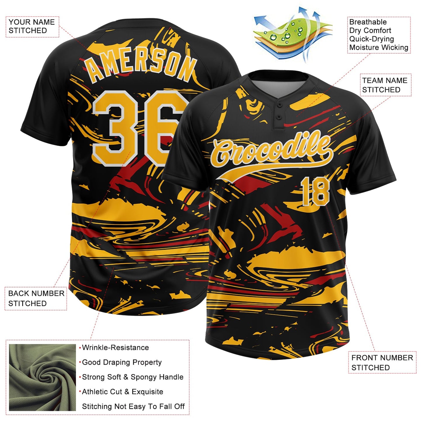 Custom Black Gold Red-White Raglan Sleeves Abstract Fluid Marble Two-Button Unisex Softball Jersey view 3