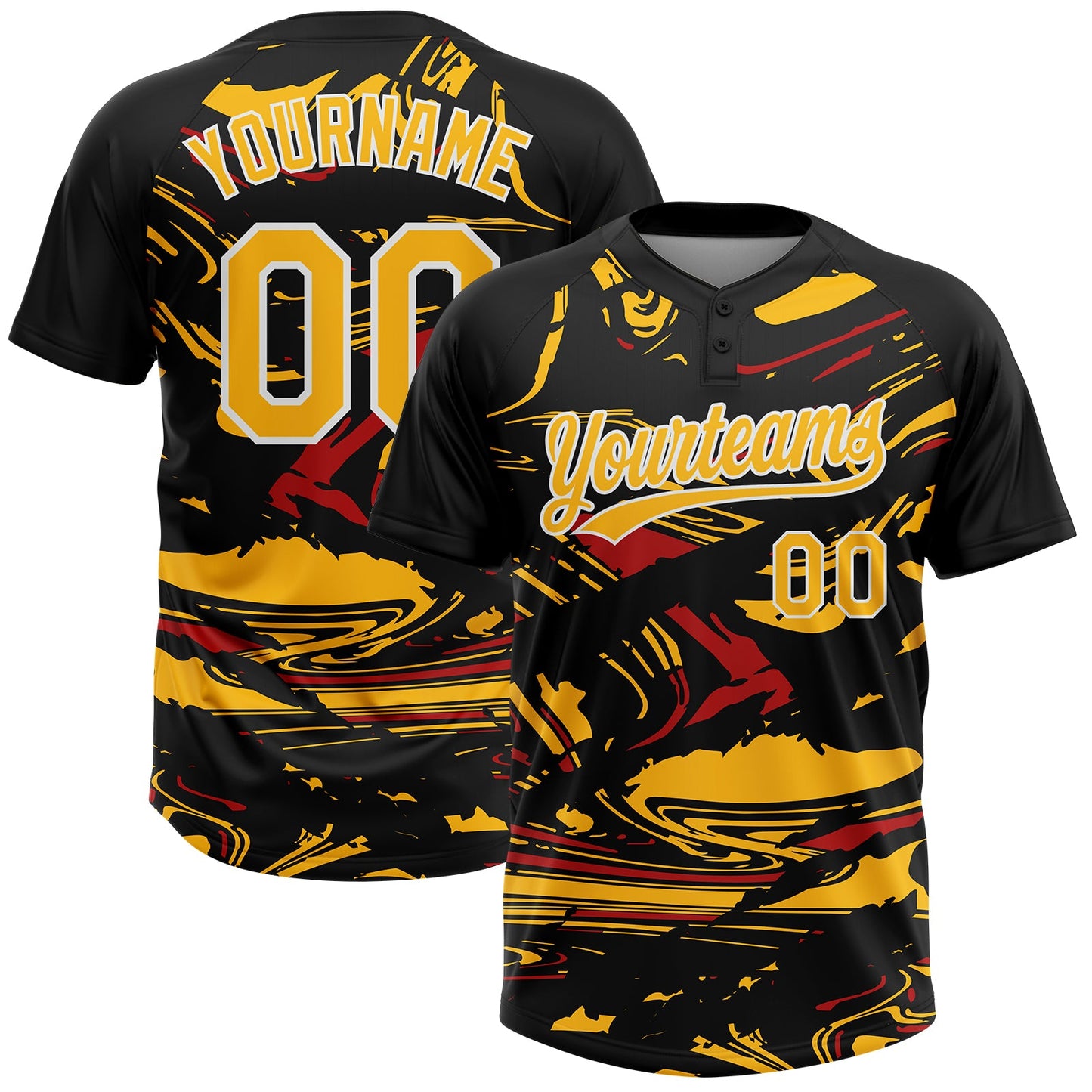 Custom Black Gold Red-White Raglan Sleeves Abstract Fluid Marble Two-Button Unisex Softball Jersey - Main View