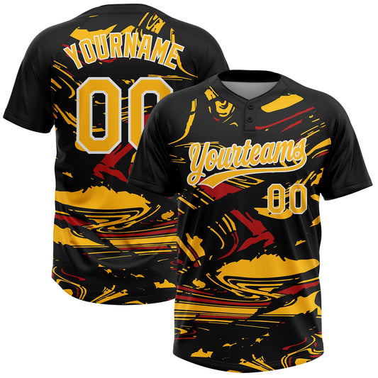 Custom Black Gold Red-White Raglan Sleeves Abstract Fluid Marble Two-Button Unisex Softball Jersey - Main View